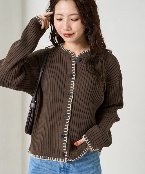 限定展開 ブランケット ステッチ ニット ショート カーデ