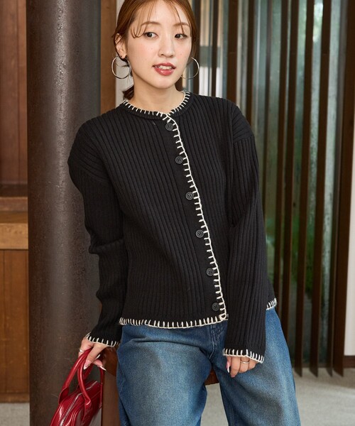 セール】限定展開 ブランケット ステッチ ニット ショート カーデ