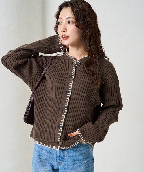 限定展開 ブランケット ステッチ ニット ショート カーデ