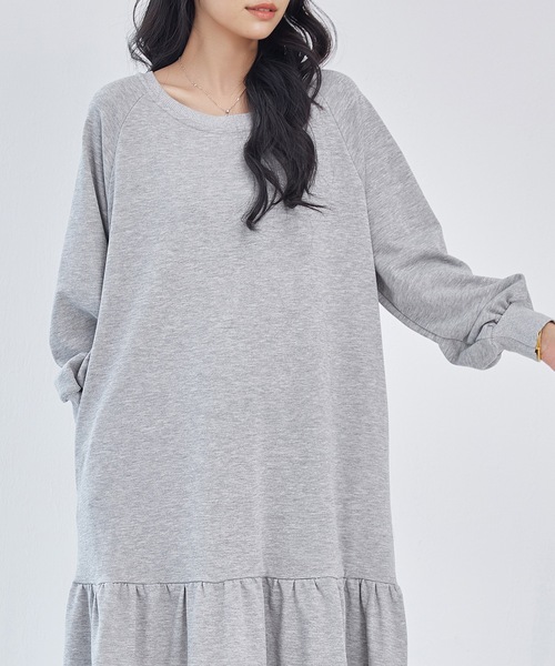 グレー 長袖 ティアード ワンピース 新品 セール】ラウンドネック