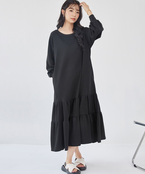Lace Ladies(レースレディース)の「ラウンドネック ティアード 長袖 スウェット ワンピース(ワンピース・レディース・ブラック/グレー/オリーブ/チャコールグレー・FREE/S)」の7枚目の写真