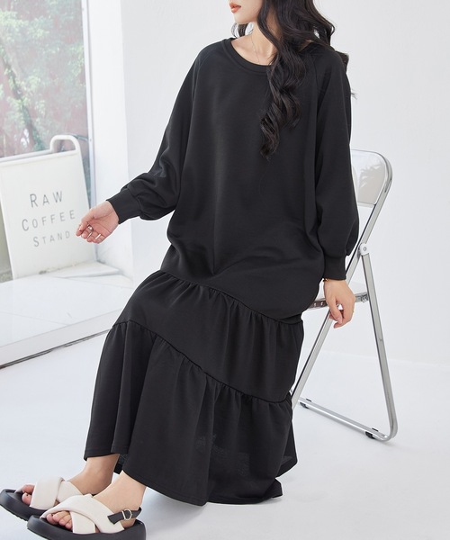Lace Ladies(レースレディース)の「ラウンドネック ティアード 長袖 スウェット ワンピース(ワンピース・レディース・ブラック/グレー/オリーブ/チャコールグレー・FREE/S)」の9枚目の写真