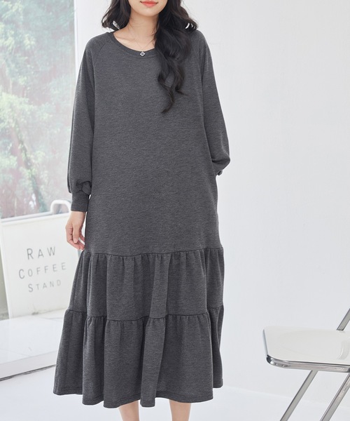 セール】ラウンドネック ティアード 長袖 スウェット ワンピース