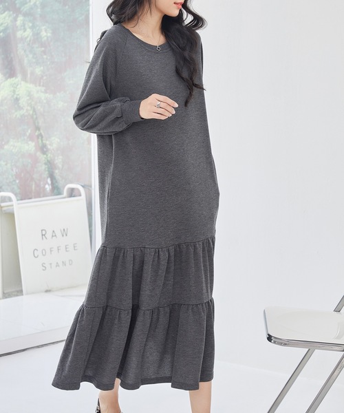 Lace Ladies(レースレディース)の「ラウンドネック ティアード 長袖 スウェット ワンピース(ワンピース・レディース・ブラック/グレー/オリーブ/チャコールグレー・FREE/S)」の12枚目の写真