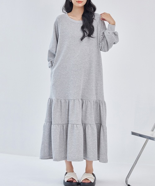 セール】ラウンドネック ティアード 長袖 スウェット ワンピース