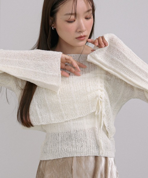 Bab(バブ)の「シャーリングリボンクロップド丈トップス×キャミセット(Tシャツ/カットソー・レディース・ブラウン/ブラック/アイボリー/ベージュ・M)」の2枚目の写真