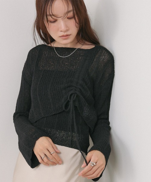 Bab(バブ)の「シャーリングリボンクロップド丈トップス×キャミセット(Tシャツ/カットソー・レディース・ブラウン/ブラック/アイボリー/ベージュ・M)」の3枚目の写真