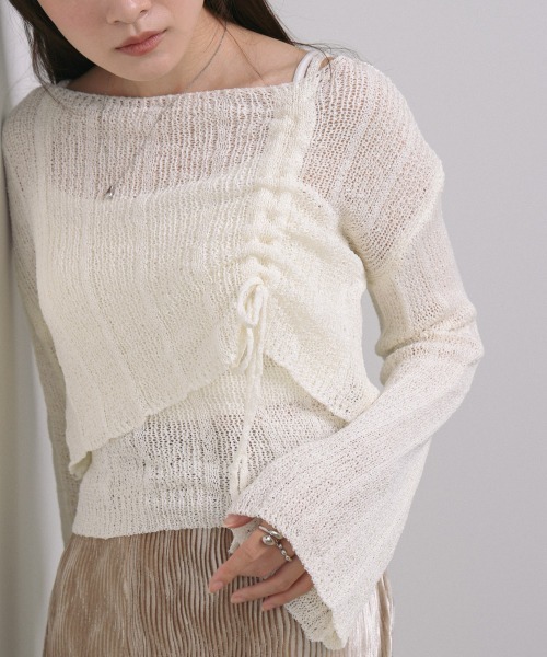 Bab(バブ)の「シャーリングリボンクロップド丈トップス×キャミセット(Tシャツ/カットソー・レディース・ブラウン/ブラック/アイボリー/ベージュ・M)」の5枚目の写真