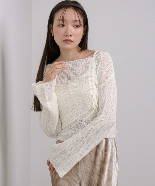 Bab(バブ)の「シャーリングリボンクロップド丈トップス×キャミセット(Tシャツ/カットソー・レディース・ブラウン/ブラック/アイボリー/ベージュ・M)」の6枚目の写真