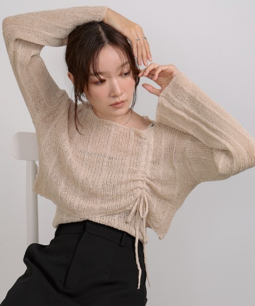 Bab(バブ)の「シャーリングリボンクロップド丈トップス×キャミセット(Tシャツ/カットソー・レディース・ブラウン/ブラック/アイボリー/ベージュ・M)」の18枚目の写真