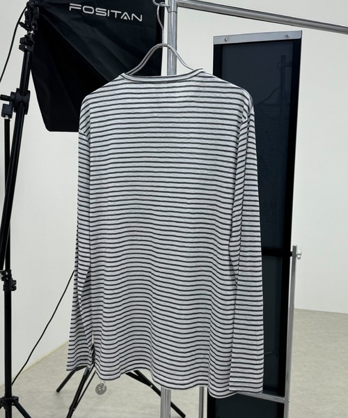 Never mind the XU / Chikashitsu+(ネバーマインド ザ エックスユー / チカシツプラス)の「【Nerd out XU】design border long sleeve / 【ナードアウトエックスユー】デザインボーダーロンT <着用動画あり>(Tシャツ/カットソー・メンズ・ホワイト×ブラック・ONE SIZE)」の15枚目の写真