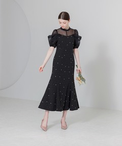 【leja】パールビジューオーガンジーレースマーメイドドレス グレー LEJA-パールビジューオーガンジーレースマーメイドドレス グレー