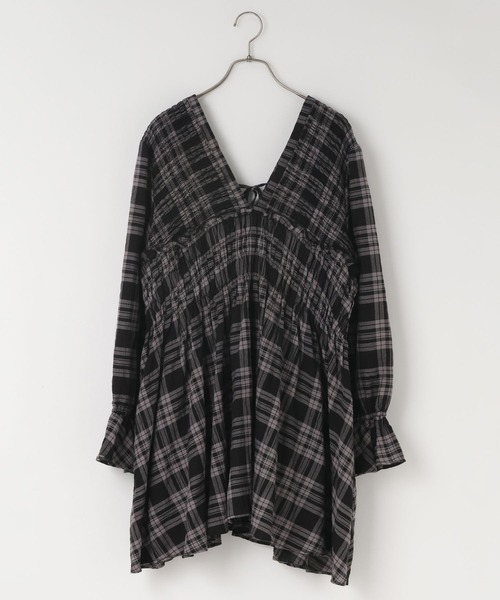 LOWRYS FARM（ローリーズファーム）の「チェックシャーリングチュニックブラウス  605751（シャツ/ブラウス・レディース・ブラック/ブラウン・FREE）」の3枚目の写真