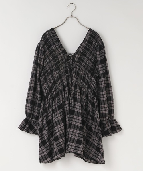 LOWRYS FARM（ローリーズファーム）の「チェックシャーリングチュニックブラウス  605751（シャツ/ブラウス・レディース・ブラック/ブラウン・FREE）」の4枚目の写真