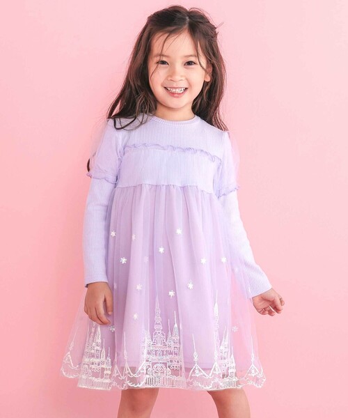 SLAP SLIP（スラップスリップ）の「フワフワお城刺しゅうチュールドッキングワンピース(80~130cm)（ワンピース・キッズ・ブルー/パープル・110cm/120cm/80ｃｍ/100cm/90cm/130cm）」の2枚目の写真