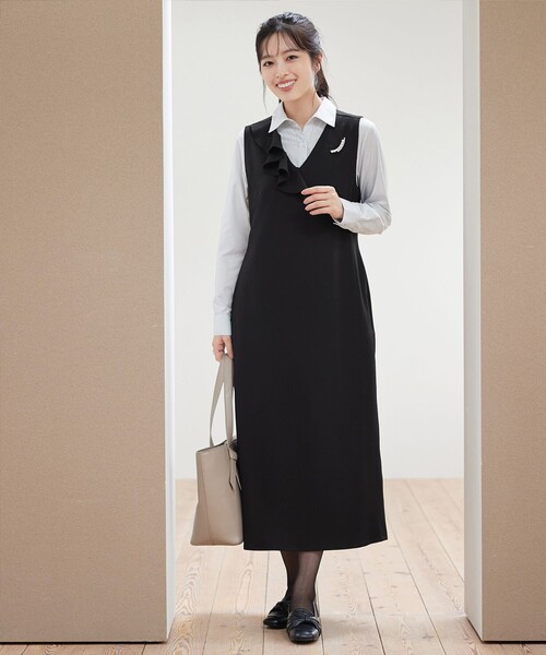 アシメフリルVネックジャンパースカート（ワンピース）｜Tiaclasse