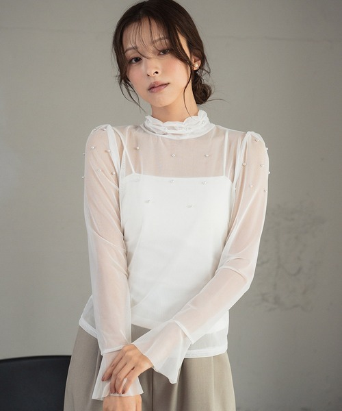 LOWO(ロワ)の「シアーカットソー 長袖 レディース きれいめ ハイネック レイヤード(Tシャツ/カットソー・レディース・アイボリー/ブラック/ホワイト・FREE)」の1枚目の写真