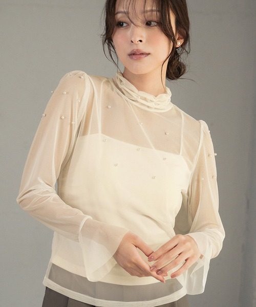 LOWO(ロワ)の「シアーカットソー 長袖 レディース きれいめ ハイネック レイヤード(Tシャツ/カットソー・レディース・アイボリー/ブラック/ホワイト・FREE)」の2枚目の写真
