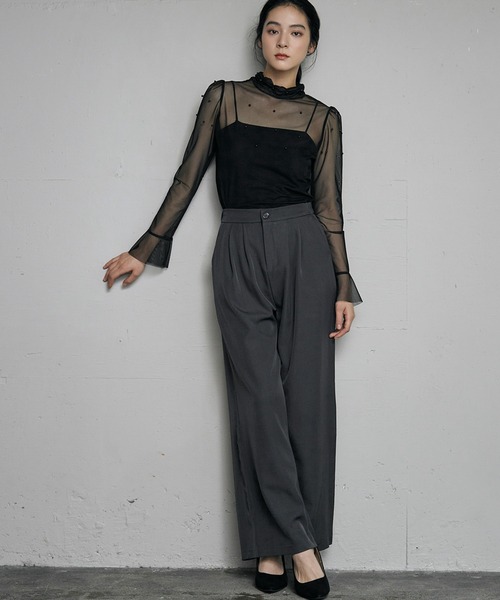 LOWO(ロワ)の「シアーカットソー 長袖 レディース きれいめ ハイネック レイヤード(Tシャツ/カットソー・レディース・アイボリー/ブラック/ホワイト・FREE)」の4枚目の写真