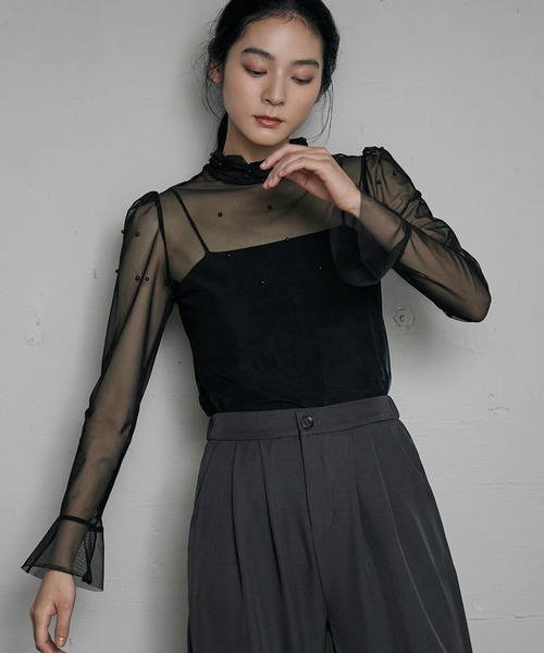 LOWO(ロワ)の「シアーカットソー 長袖 レディース きれいめ ハイネック レイヤード(Tシャツ/カットソー・レディース・アイボリー/ブラック/ホワイト・FREE)」の5枚目の写真