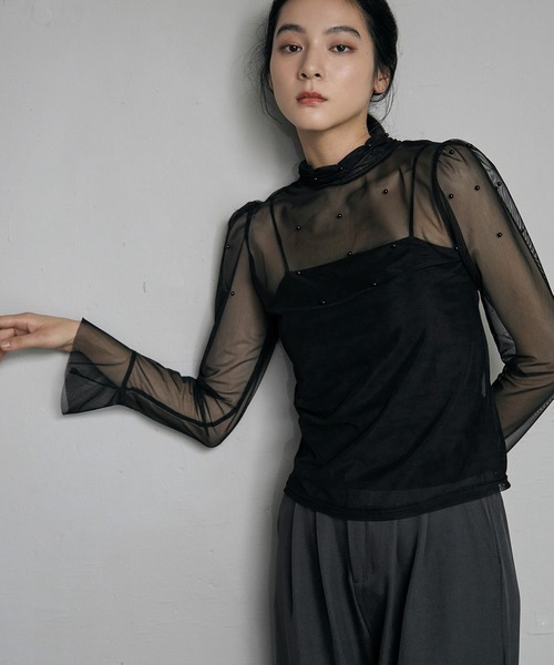 LOWO(ロワ)の「シアーカットソー 長袖 レディース きれいめ ハイネック レイヤード(Tシャツ/カットソー・レディース・アイボリー/ブラック/ホワイト・FREE)」の6枚目の写真
