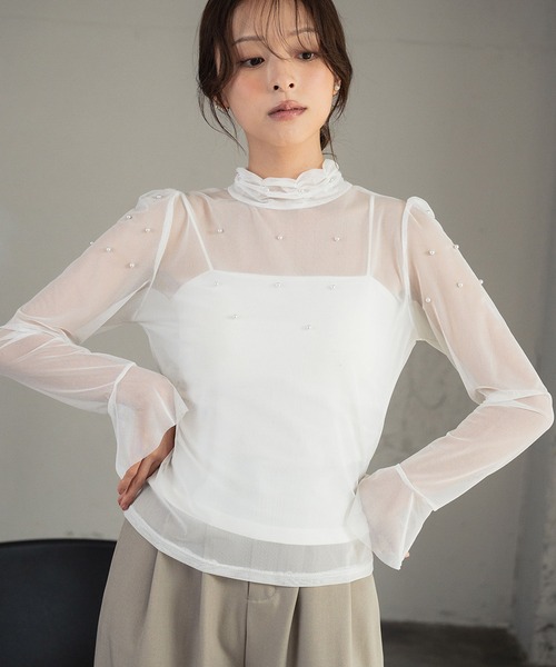 LOWO(ロワ)の「シアーカットソー 長袖 レディース きれいめ ハイネック レイヤード(Tシャツ/カットソー・レディース・アイボリー/ブラック/ホワイト・FREE)」の11枚目の写真