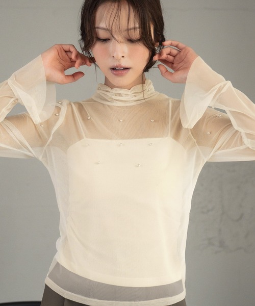 LOWO(ロワ)の「シアーカットソー 長袖 レディース きれいめ ハイネック レイヤード(Tシャツ/カットソー・レディース・アイボリー/ブラック/ホワイト・FREE)」の15枚目の写真