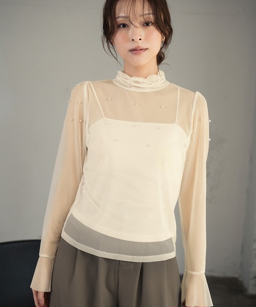 LOWO(ロワ)の「シアーカットソー 長袖 レディース きれいめ ハイネック レイヤード(Tシャツ/カットソー・レディース・アイボリー/ブラック/ホワイト・FREE)」の16枚目の写真