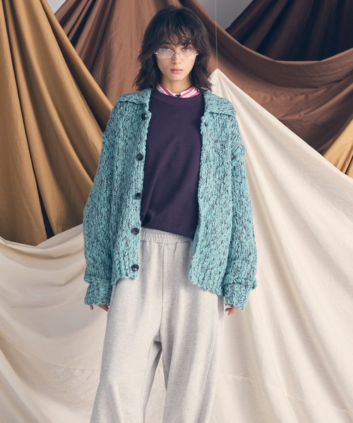 セール】《UNISEX》Slub Yarn Prime-Over Collared Cardigan