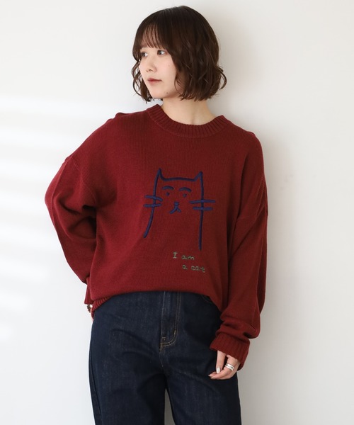 Emago(イマゴ)の「EMAGO ネコ刺繍プルオーバー(ニット/セーター・レディース・ブラック/レッド/杢グレー・FREE)」の3枚目の写真