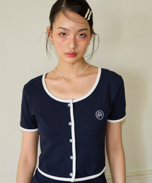 Crop Pique Cardigan_ Navy