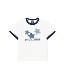 PAGESIISII（ページシシ）の「ブルーデニムスタープリンティングリンガー半袖Tシャツネイビー（Tシャツ/カットソー）」