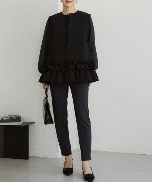 Sono（ソーノ）の「【新作 1/16発売】ご自宅でお洗濯可能【SONO/ソーノ】【SONO NAVY/ソーノネイビー】【MUMMUMダブルクロス】 フローラルフリルチュニックジレ（スーツベスト・レディース・ブラック/ネイビー・F）」の22枚目の写真