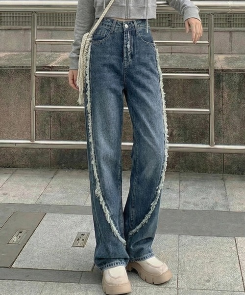 cammie(キャミー)の「ハイウエストフリンジデザインデニム(デニムパンツ・レディース・ブルー・L/M/S)」の3枚目の写真