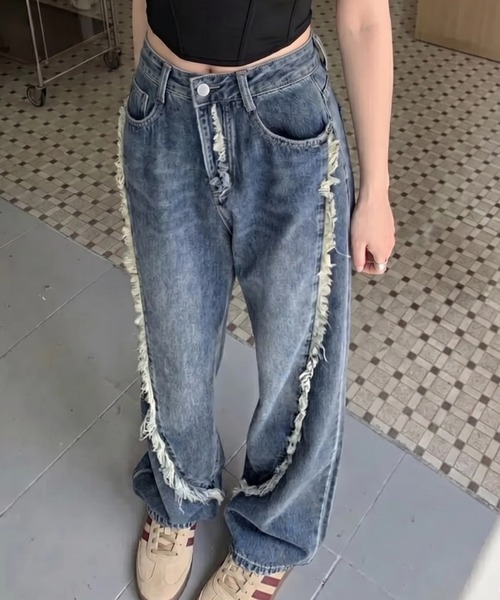 cammie(キャミー)の「ハイウエストフリンジデザインデニム(デニムパンツ・レディース・ブルー・L/M/S)」の8枚目の写真