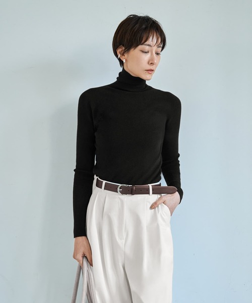 STYLE DELI(スタイルデリ)の「もっちりタートルリブニットトップス(ニット/セーター・レディース・ブラック/オートミール/ライトグレー/ホワイト・FREE)」の1枚目の写真