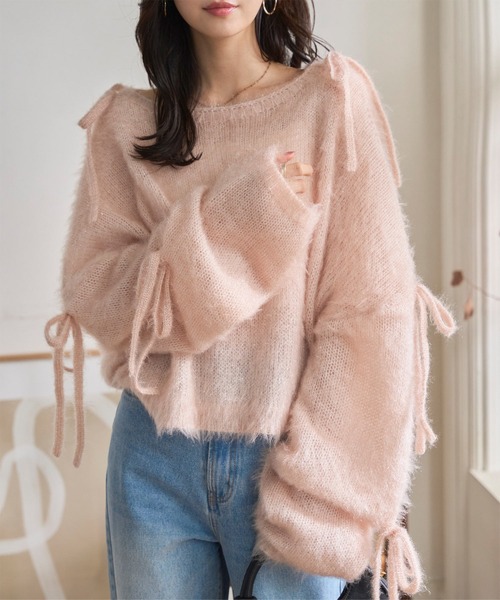 KOBE LETTUCE(コウベレタス)の「キャットヤーン袖リボンラメシアーニットトップス(ニット/セーター・レディース・ブラック/ピンク/アイボリー・M)」の4枚目の写真