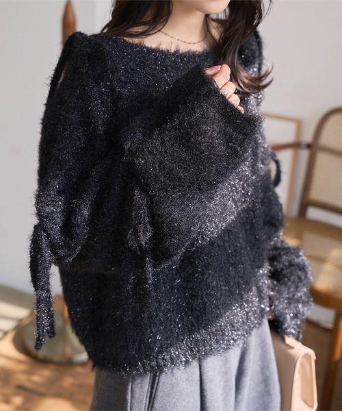 KOBE LETTUCE(コウベレタス)の「キャットヤーン袖リボンラメシアーニットトップス(ニット/セーター・レディース・ブラック/ピンク/アイボリー・M)」の6枚目の写真