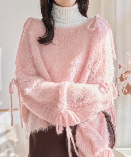 KOBE LETTUCE(コウベレタス)の「キャットヤーン袖リボンラメシアーニットトップス(ニット/セーター・レディース・ブラック/ピンク/アイボリー・M)」の7枚目の写真