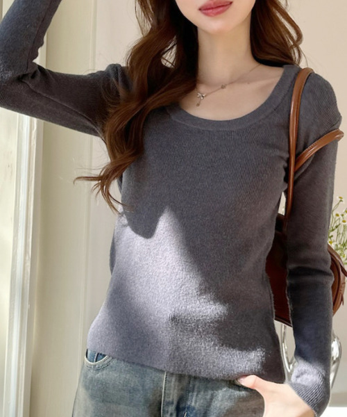 Ada.(エイダ)の「クルーネック ロングスリーブ スリムフィット ニット トップス(ニット/セーター・レディース・ネイビー/ホワイト/レッド/グレー・FREE)」の3枚目の写真
