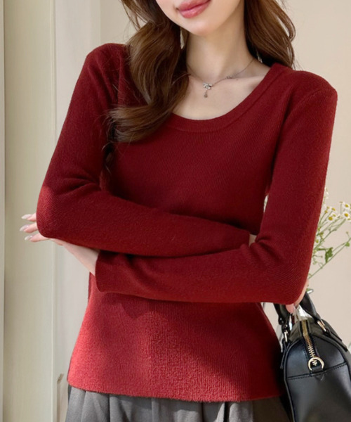 Ada.(エイダ)の「クルーネック ロングスリーブ スリムフィット ニット トップス(ニット/セーター・レディース・ネイビー/ホワイト/レッド/グレー・FREE)」の7枚目の写真