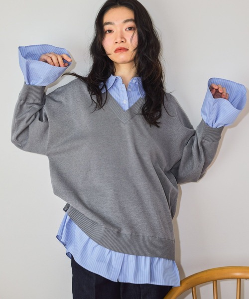 mysty woman（ミスティウーマン）の「シャツドッキングハイゲージニット　656084（ニット/セーター・レディース・ネイビー/グレー/チャコールグレー・FREE）」の7枚目の写真