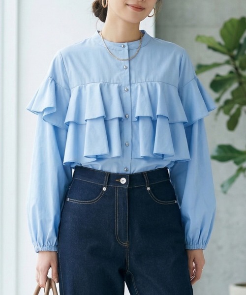 CHhdmn(シーエイチヒデモン)の「ダブルフリルブラウス ボリューム袖 メタリックボタン シャツ/ノーカラー 秋冬(シャツ/ブラウス・レディース・ライトブルー/ブラック/ホワイト/ピンク・M/L)」の3枚目の写真