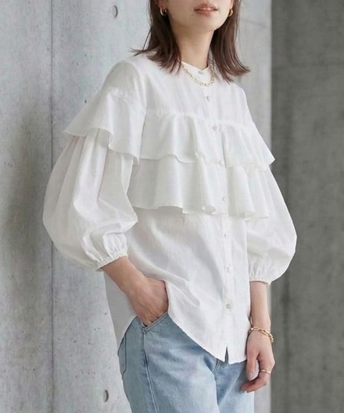 CHhdmn(シーエイチヒデモン)の「ダブルフリルブラウス ボリューム袖 メタリックボタン シャツ/ノーカラー 秋冬(シャツ/ブラウス・レディース・ライトブルー/ブラック/ホワイト/ピンク・M/L)」の20枚目の写真