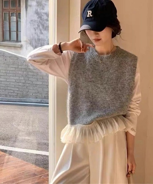 LUMIRA(アパレル)(ルミラ)の「チュールフリルニットベスト(ベスト・レディース・グレー/ピンク/ベージュ・ONESIZE)」の15枚目の写真