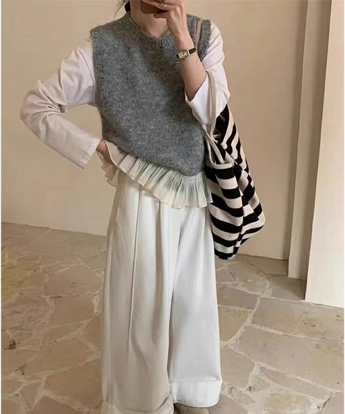 LUMIRA(アパレル)(ルミラ)の「チュールフリルニットベスト(ベスト・レディース・グレー/ピンク/ベージュ・ONESIZE)」の9枚目の写真