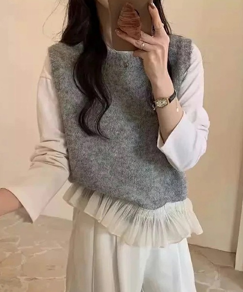 LUMIRA(アパレル)(ルミラ)の「チュールフリルニットベスト(ベスト・レディース・グレー/ピンク/ベージュ・ONESIZE)」の10枚目の写真