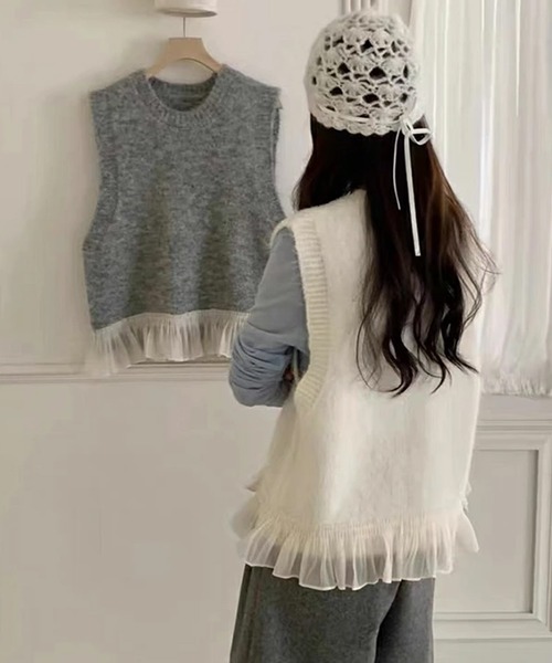 LUMIRA(アパレル)(ルミラ)の「チュールフリルニットベスト(ベスト・レディース・グレー/ピンク/ベージュ・ONESIZE)」の14枚目の写真