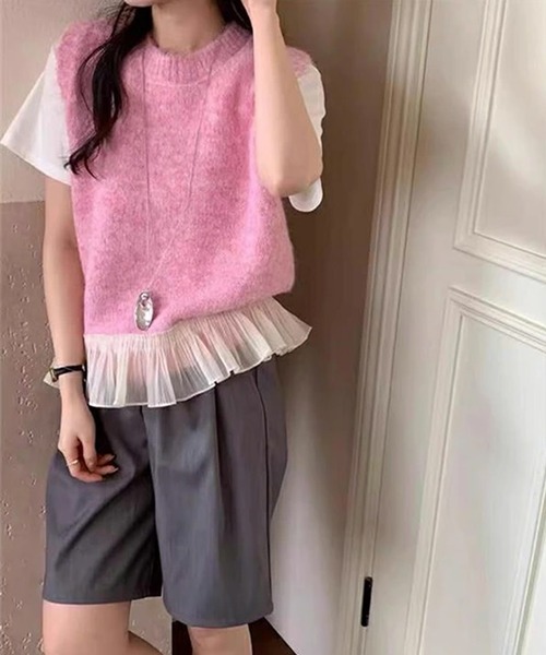 LUMIRA(アパレル)(ルミラ)の「チュールフリルニットベスト(ベスト・レディース・グレー/ピンク/ベージュ・ONESIZE)」の4枚目の写真