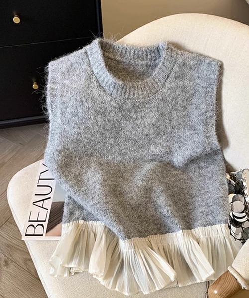LUMIRA(アパレル)(ルミラ)の「チュールフリルニットベスト(ベスト・レディース・グレー/ピンク/ベージュ・ONESIZE)」の7枚目の写真